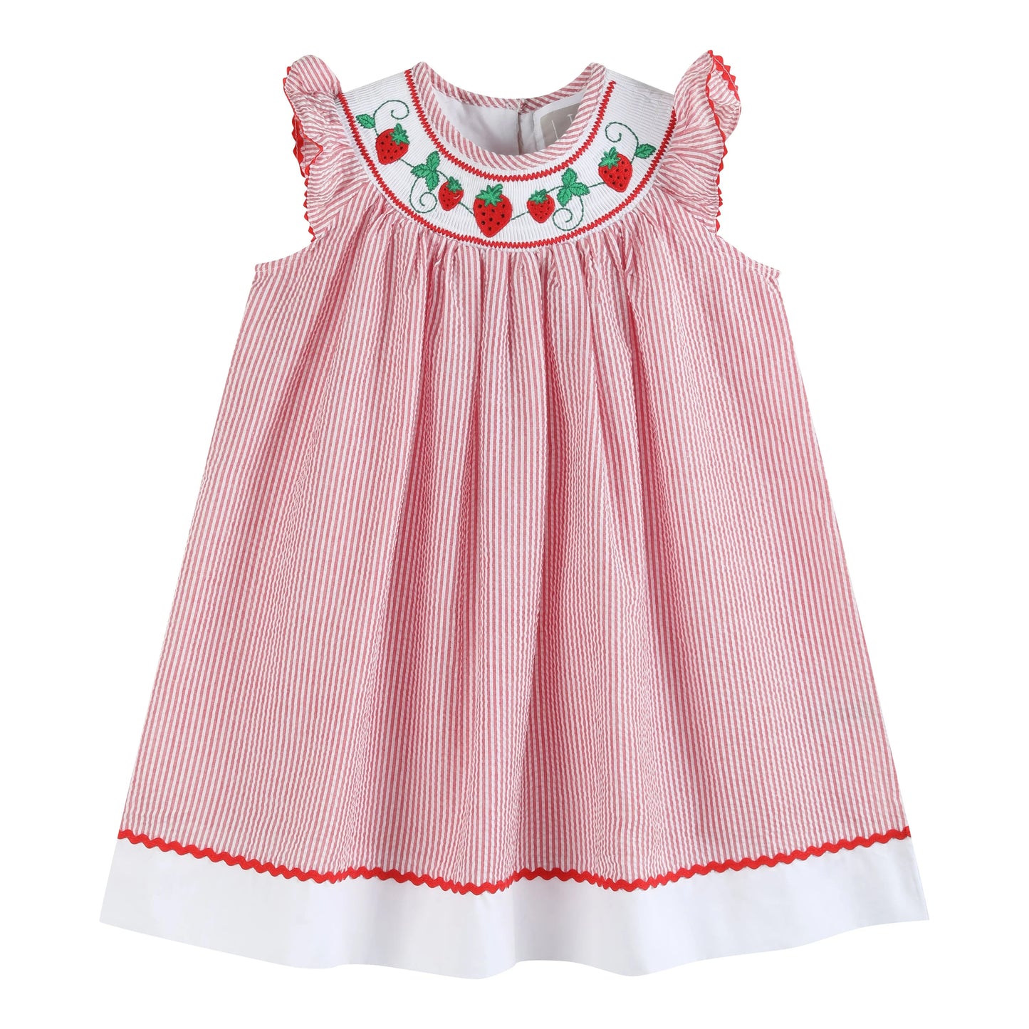 Red Seersucker Strawberry Smocked Dress  - Doodlebug's Children's Boutique