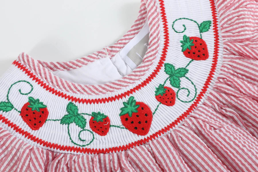 Red Seersucker Strawberry Smocked Dress  - Doodlebug's Children's Boutique