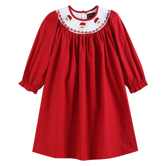 Red Poplin Santa Smocked Bishop Dress  - Doodlebug's Children's Boutique