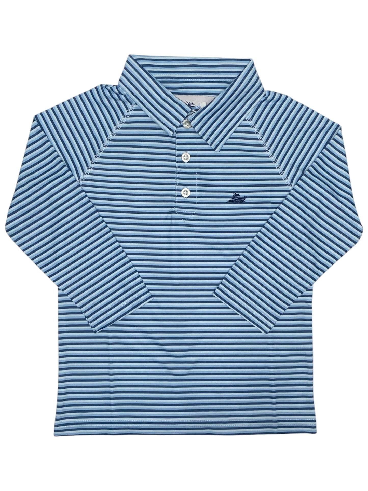 Navy/Powder Blue Stripe Long Sleeve Performance Polo - Doodlebug's Children's Boutique