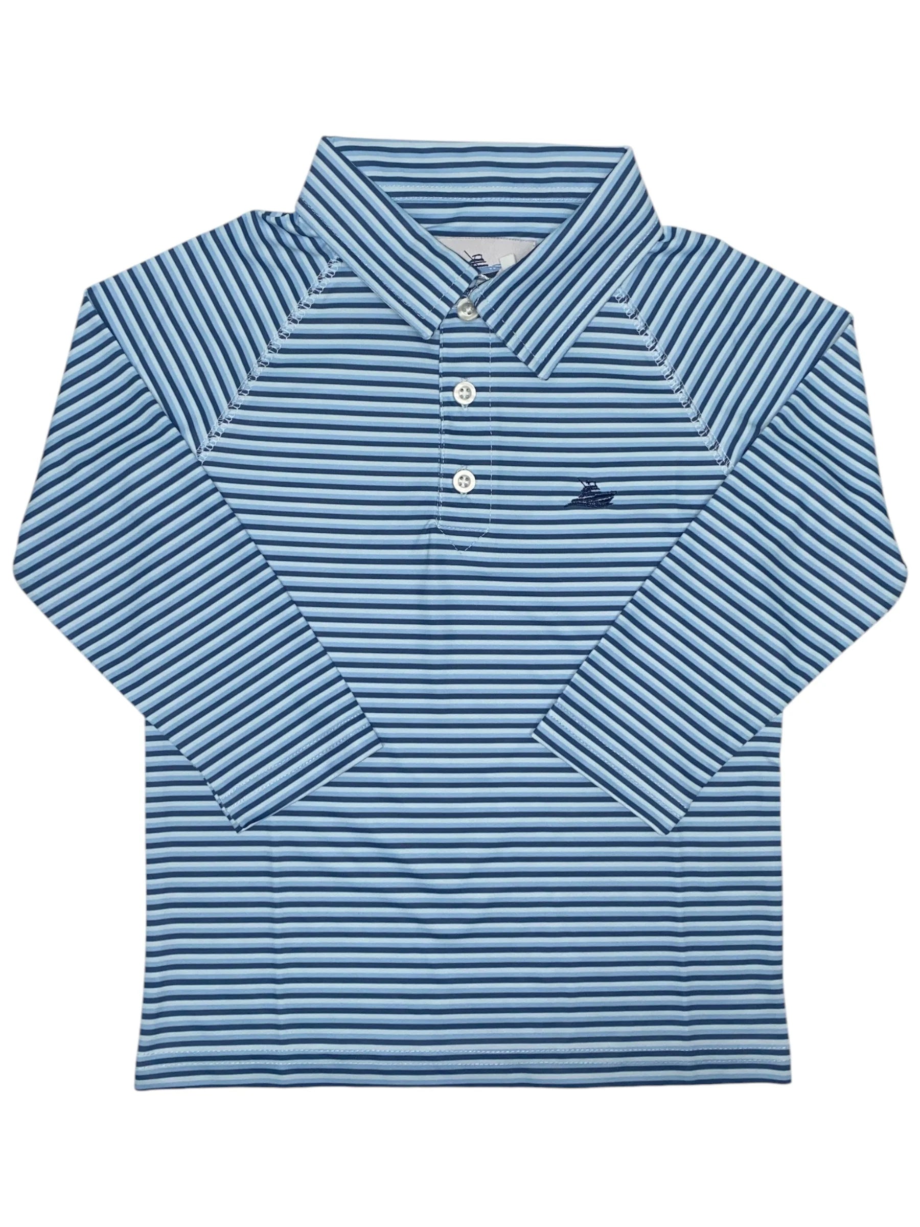 Navy/Powder Blue Stripe Long Sleeve Performance Polo - Doodlebug's Children's Boutique