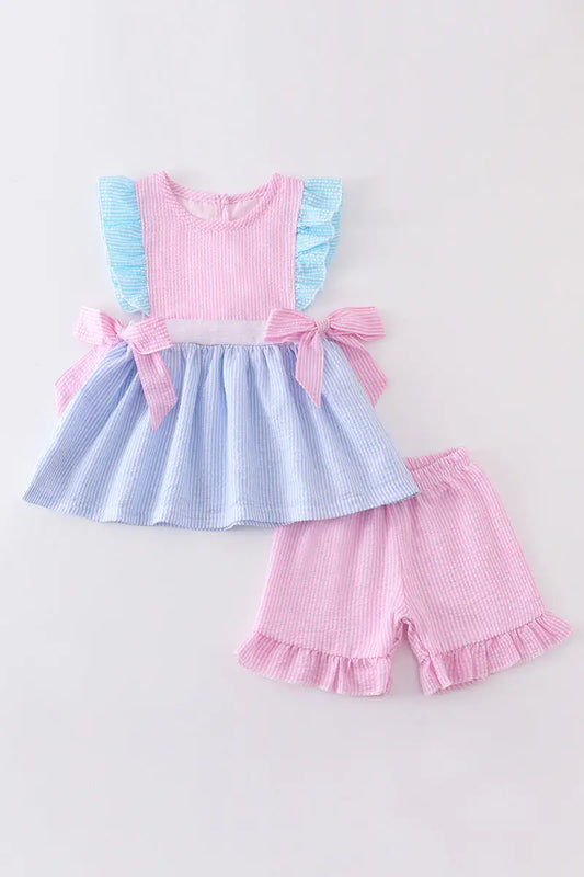 Pink Seersucker Ruffle Girl Short Set  - Doodlebug's Children's Boutique