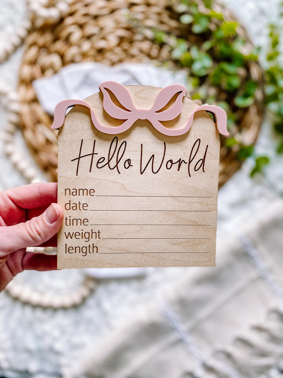 Rose Bow Hello World Wood Stat Plaque - Doodlebug's Children's Boutique