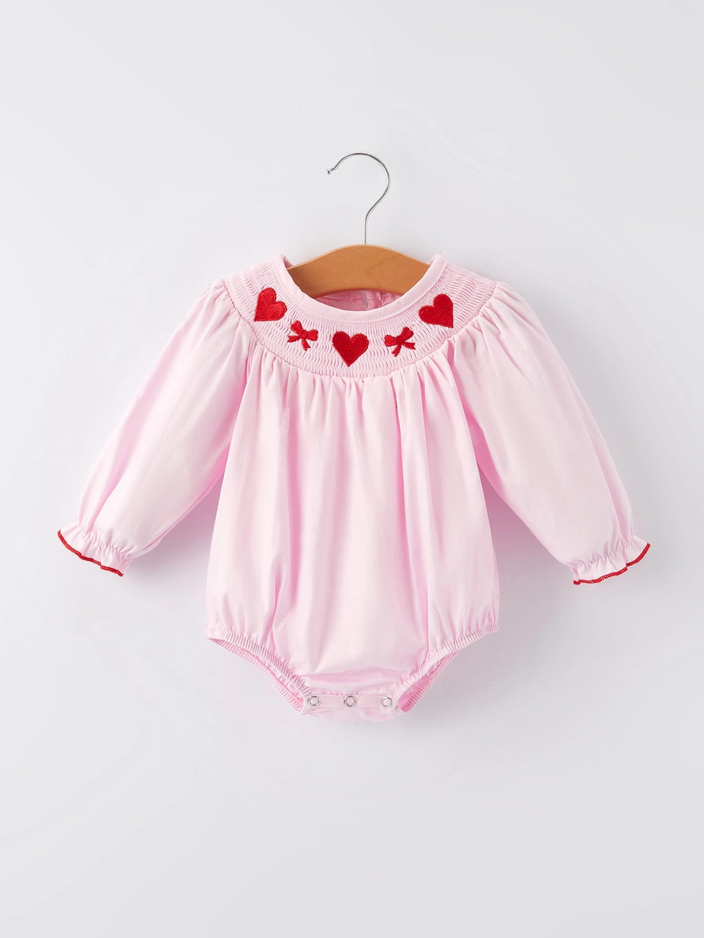 Heart & Bow Embroidered Smocked Bubble - Doodlebug's Children's Boutique