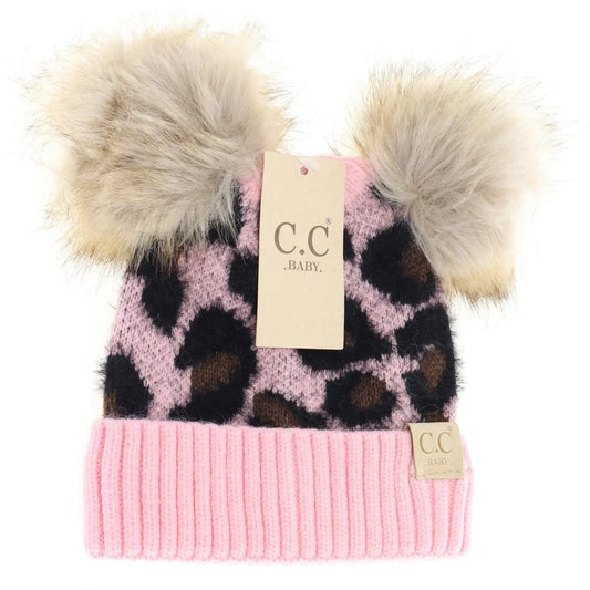 Baby Pink Leopard Double Pom Baby Beanie  - Doodlebug's Children's Boutique