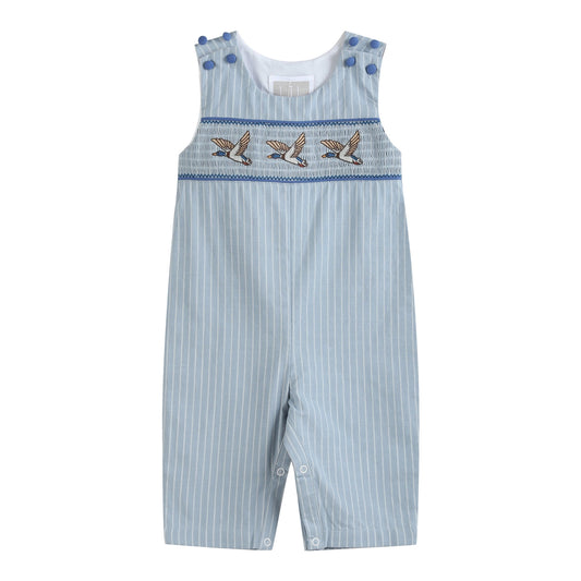 Blue Pinstripe Mallard Smocked Overalls