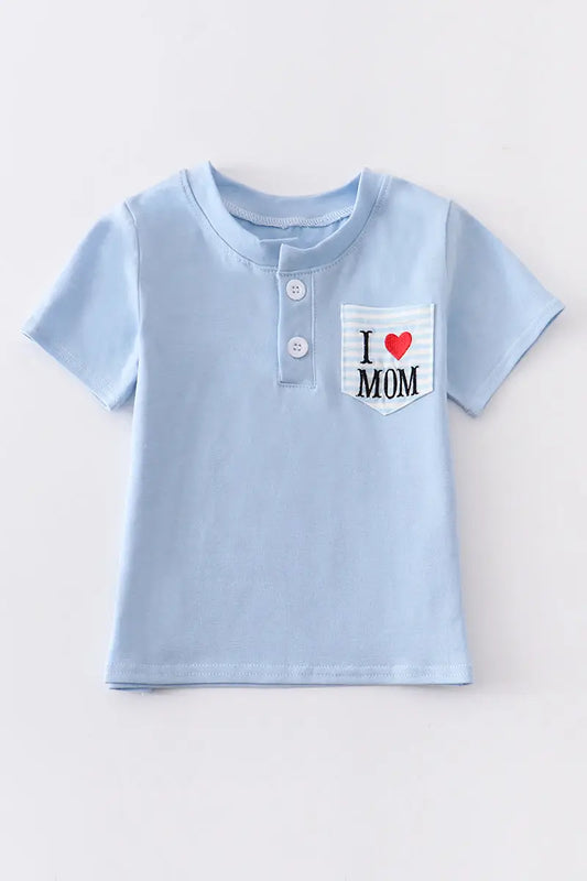 Blue Love Mom Embroidery Boy Top  - Doodlebug's Children's Boutique