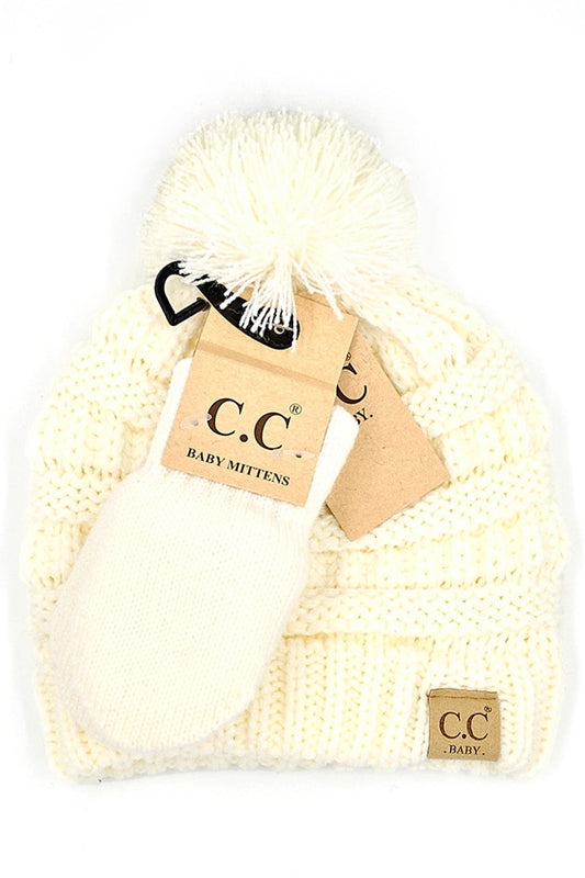 Ivory Ribbed Baby Pom Beanie and Mittens Set - Doodlebug's Children's Boutique
