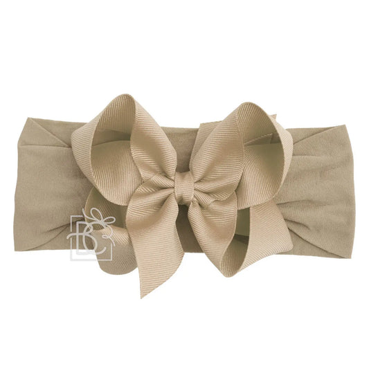 Wide Nylon Headband with Large Bow in Oatmeal  - Doodlebug's Children's Boutique
