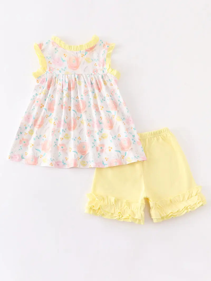 Yellow Floral Print Pocket Ruffle Girl Set  - Doodlebug's Children's Boutique