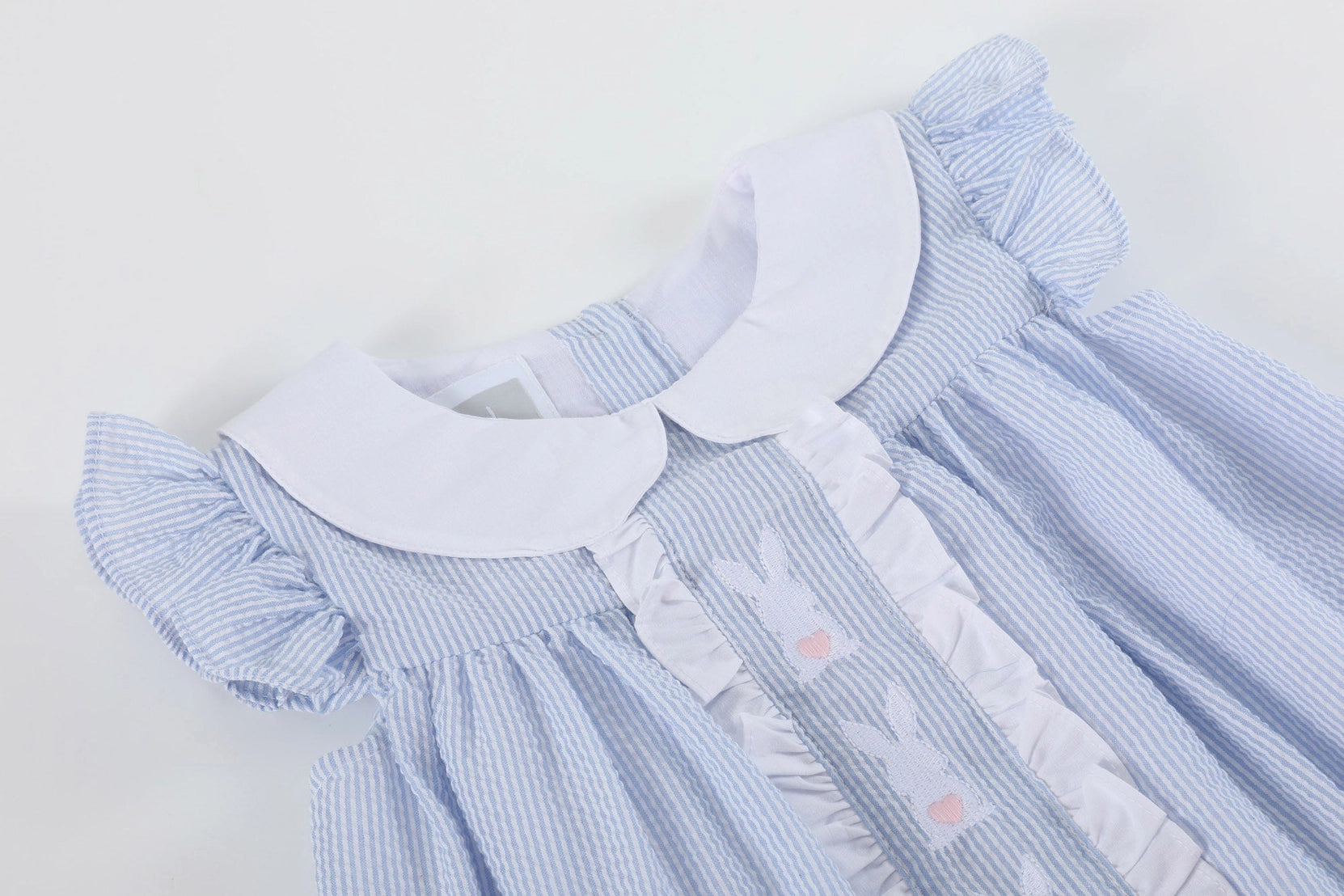 Blue Seersucker Easter Bunny Ruffle Dress  - Doodlebug's Children's Boutique