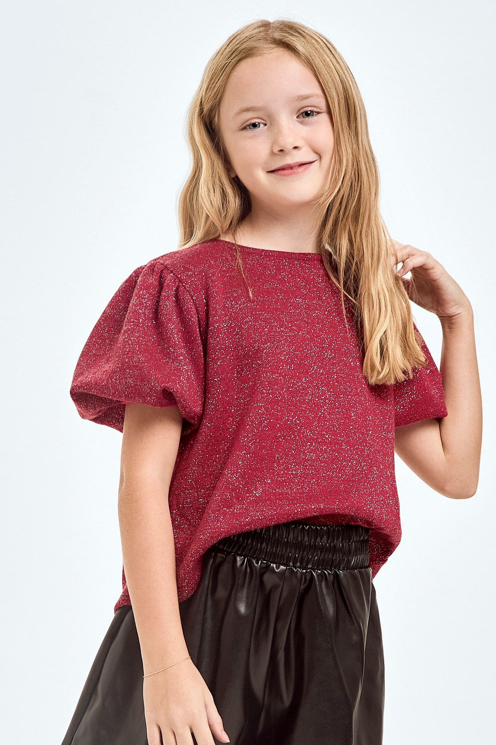 Red with Silver Lurex Balloon Sleeve Top - Doodlebug's Children's Boutique
