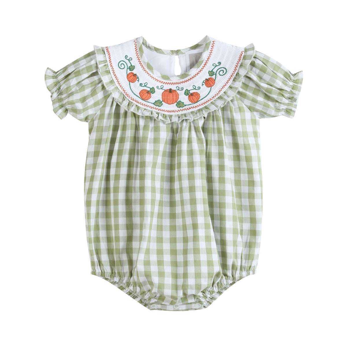 Sage Green Gingham Pumpkin Smocked Romper - Doodlebug's Children's Boutique