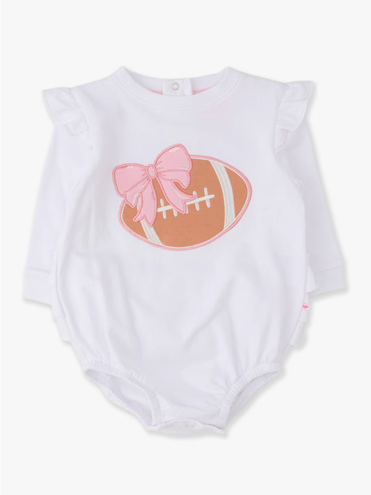 Football Bow Applique Ruffle Romper - Doodlebug's Children's Boutique