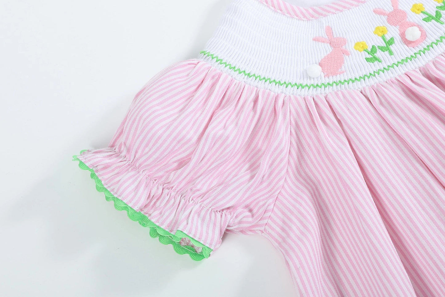 Pink Pinstripe Pom Pom Easter Bunny Bishop Dress  - Doodlebug's Children's Boutique