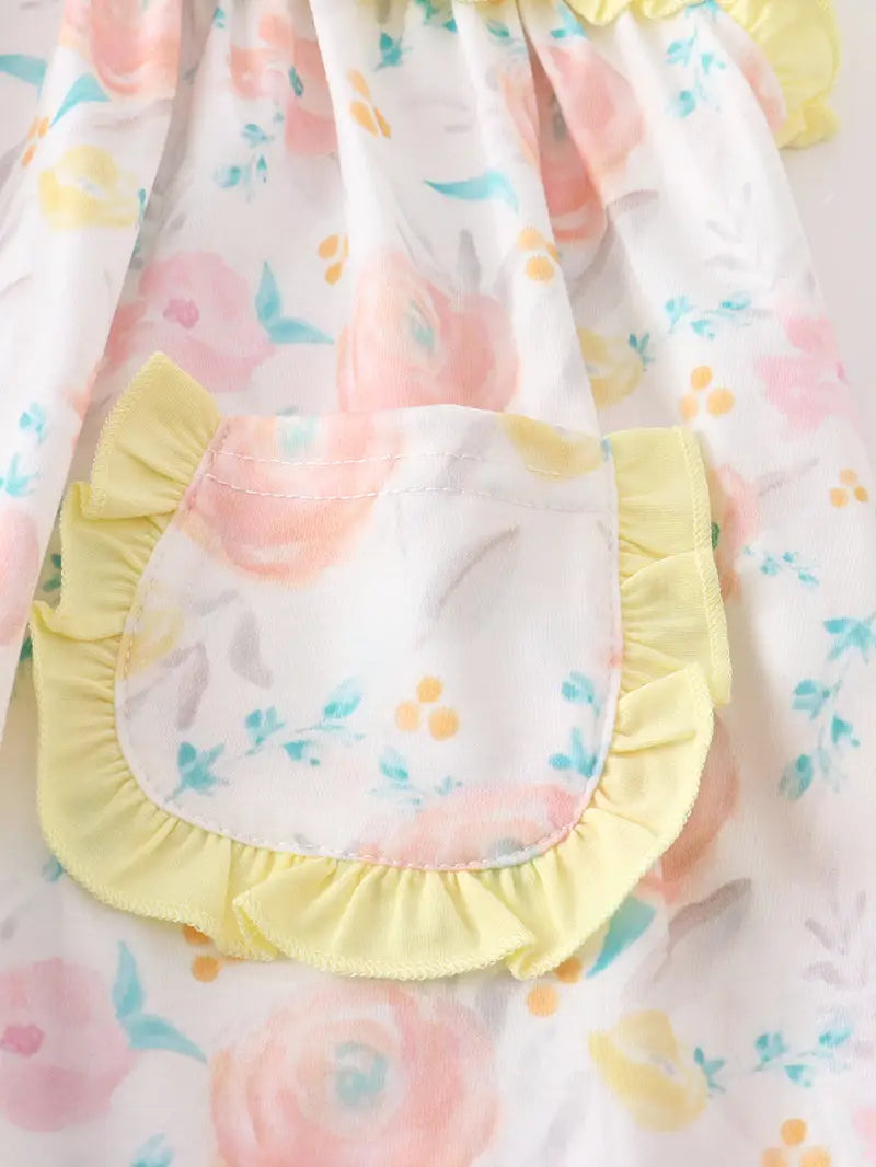 Yellow Floral Print Pocket Ruffle Girl Set  - Doodlebug's Children's Boutique