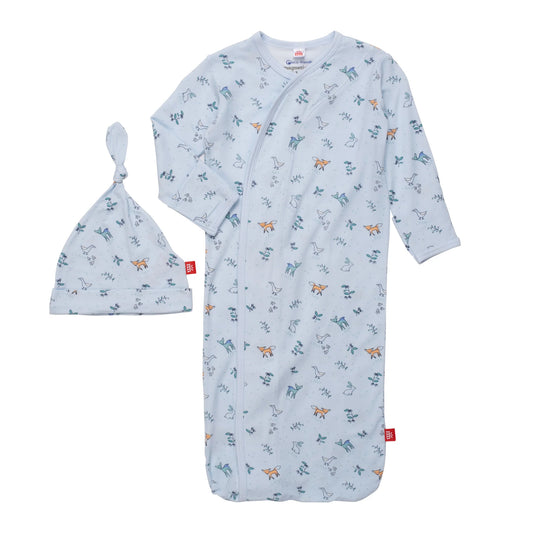 Woodsy Tale Modal Magnetic Cozy Sleeper Gown + Hat in Blue  - Doodlebug's Children's Boutique