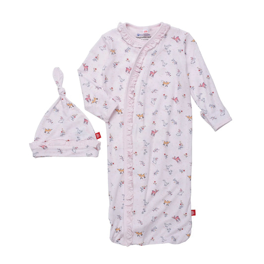 Woodsy Tale Modal Magnetic Cozy Sleeper Gown + Hat in Pink  - Doodlebug's Children's Boutique