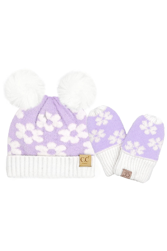 Lavender Daisy Double Pom Beanie and Mittens Set - Doodlebug's Children's Boutique
