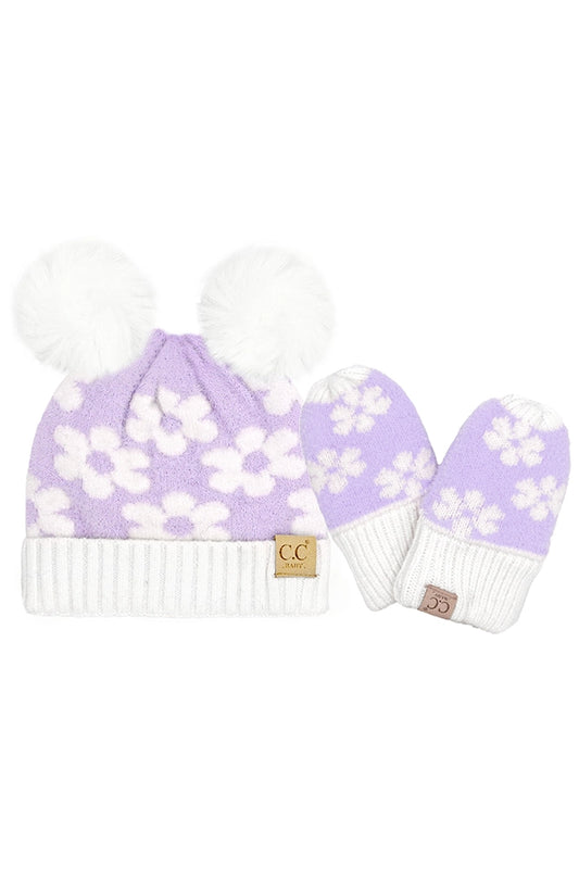 Lavender Daisy Double Pom Beanie and Mittens Set - Doodlebug's Children's Boutique