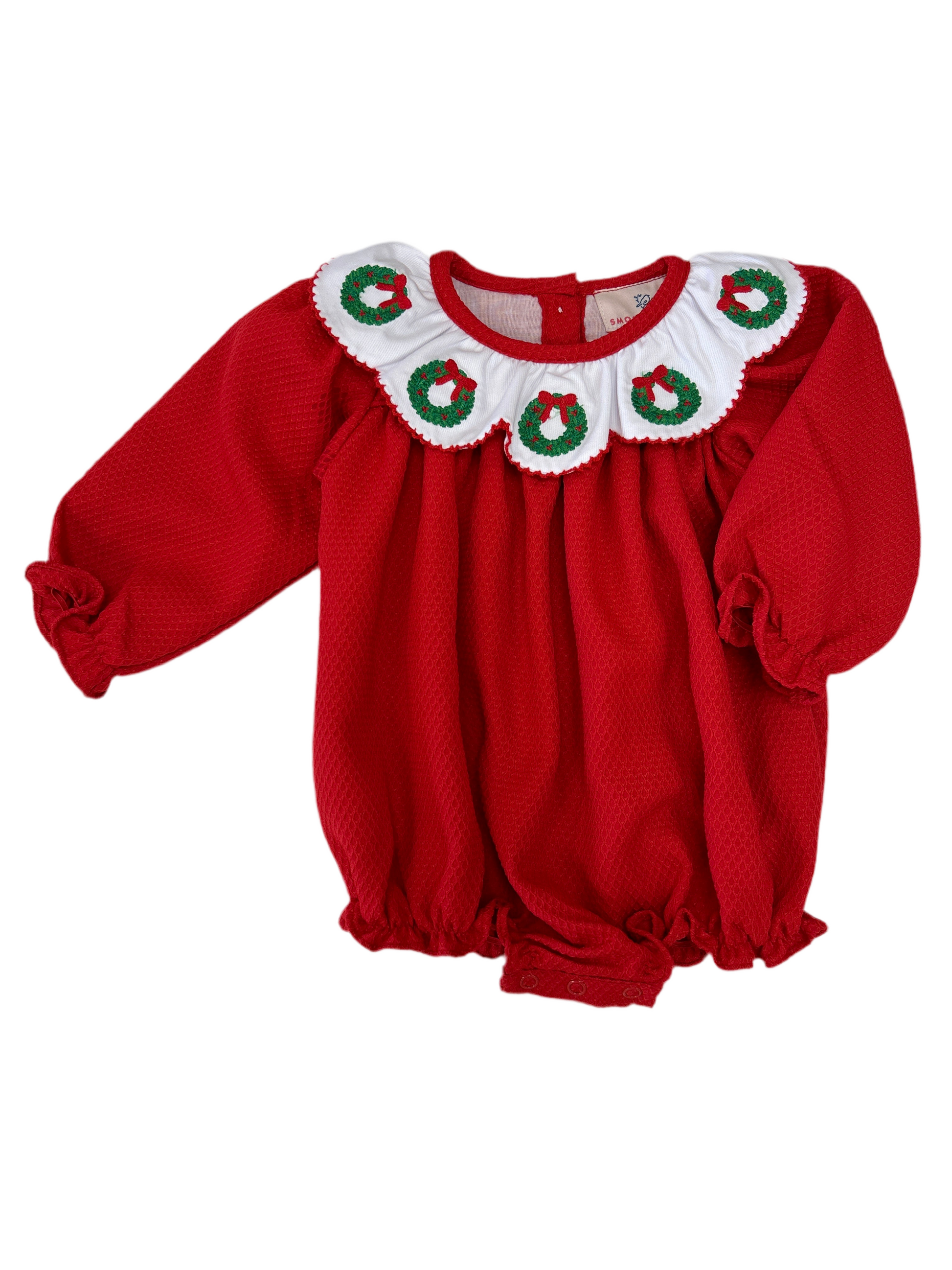 Red Wreath Embroidered Scallop Collar Bubble  - Doodlebug's Children's Boutique