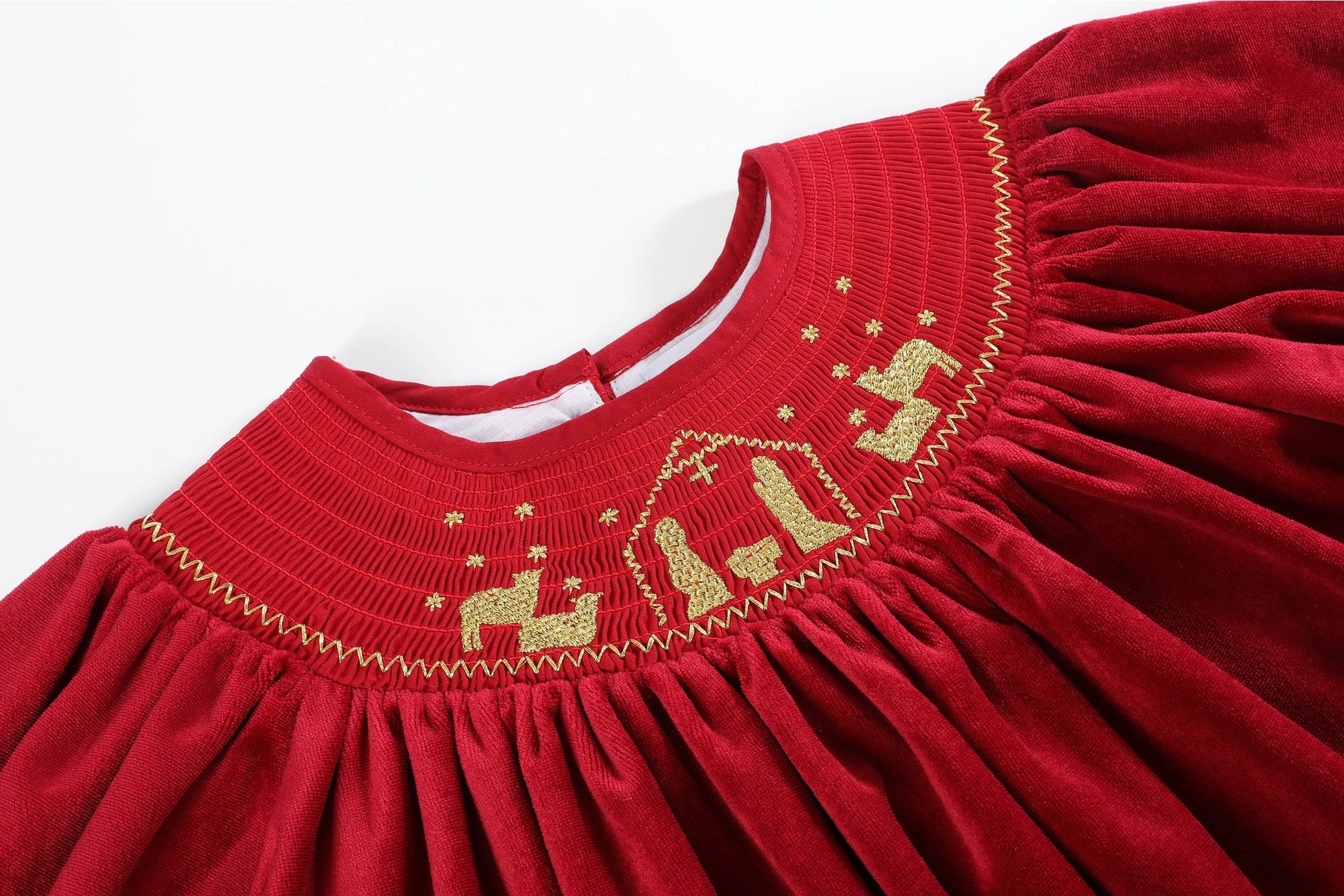 Red Velvet Nativity Smocked Bishop Dress - Doodlebug's Children's Boutique