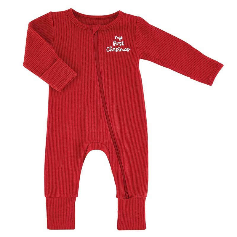 My First Christmas Waffle Knit Cozy Romper - Doodlebug's Children's Boutique