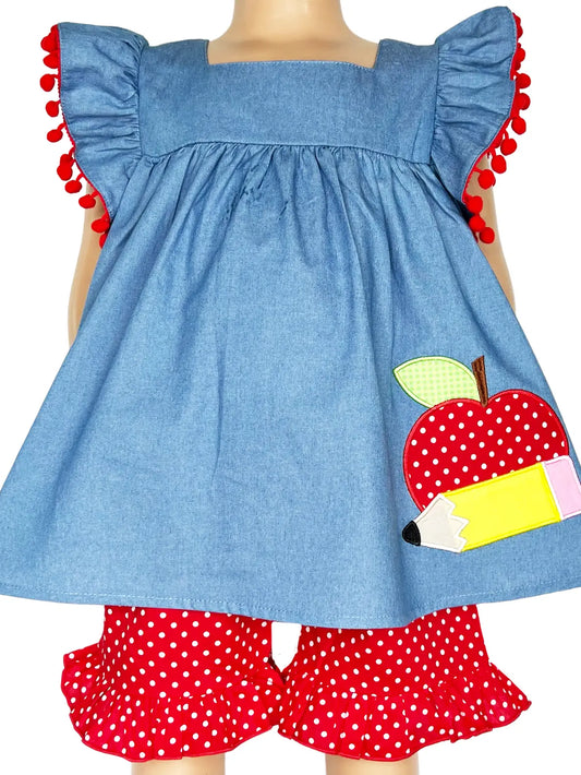Blue Chambray Apple Top with Red Polka Dot Shorts Set  - Doodlebug's Children's Boutique