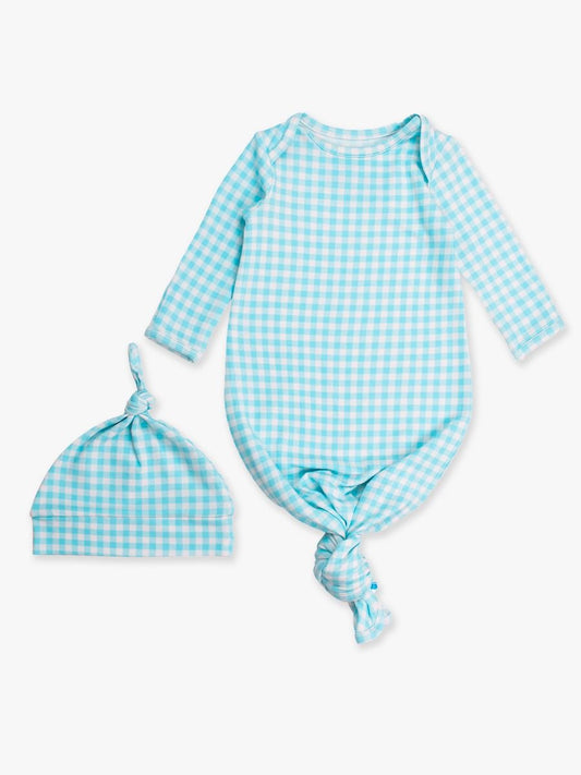 Blue Breeze Gingham Knotted Gown & Hat