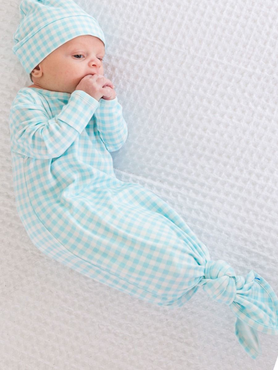 Blue Breeze Gingham Knotted Gown & Hat
