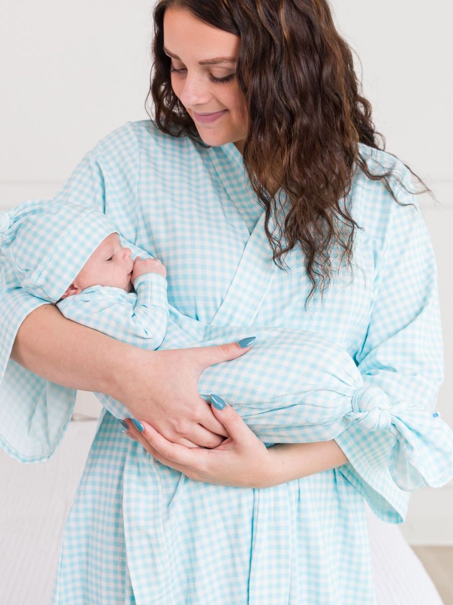 Blue Breeze Gingham Knotted Gown & Hat
