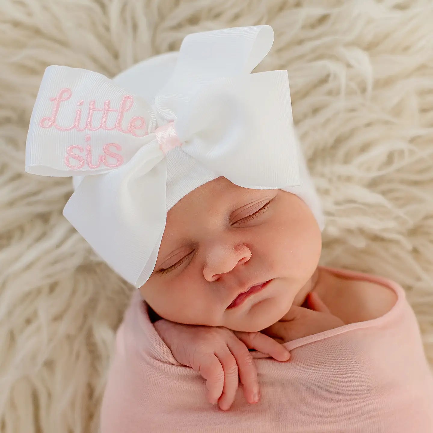 Little Sis Embroidered Grosgrain Bow Newborn Hospital Hat - Doodlebug's Children's Boutique