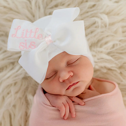 Little Sis Embroidered Grosgrain Bow Newborn Hospital Hat - Doodlebug's Children's Boutique
