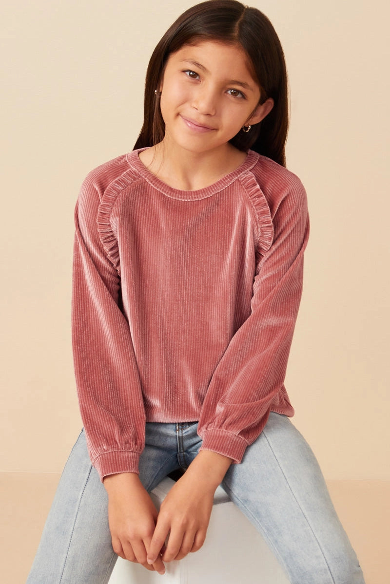 Mauve Ruffle Ribbed Velvet Top