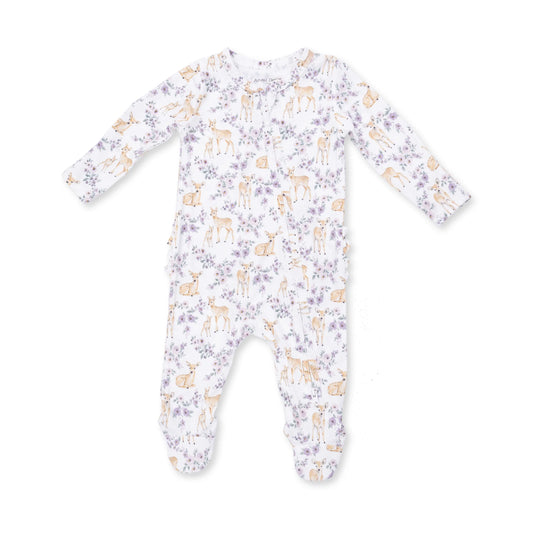 Floral Deer 2 Way Zipper Ruffle Back Footie - Doodlebug's Children's Boutique