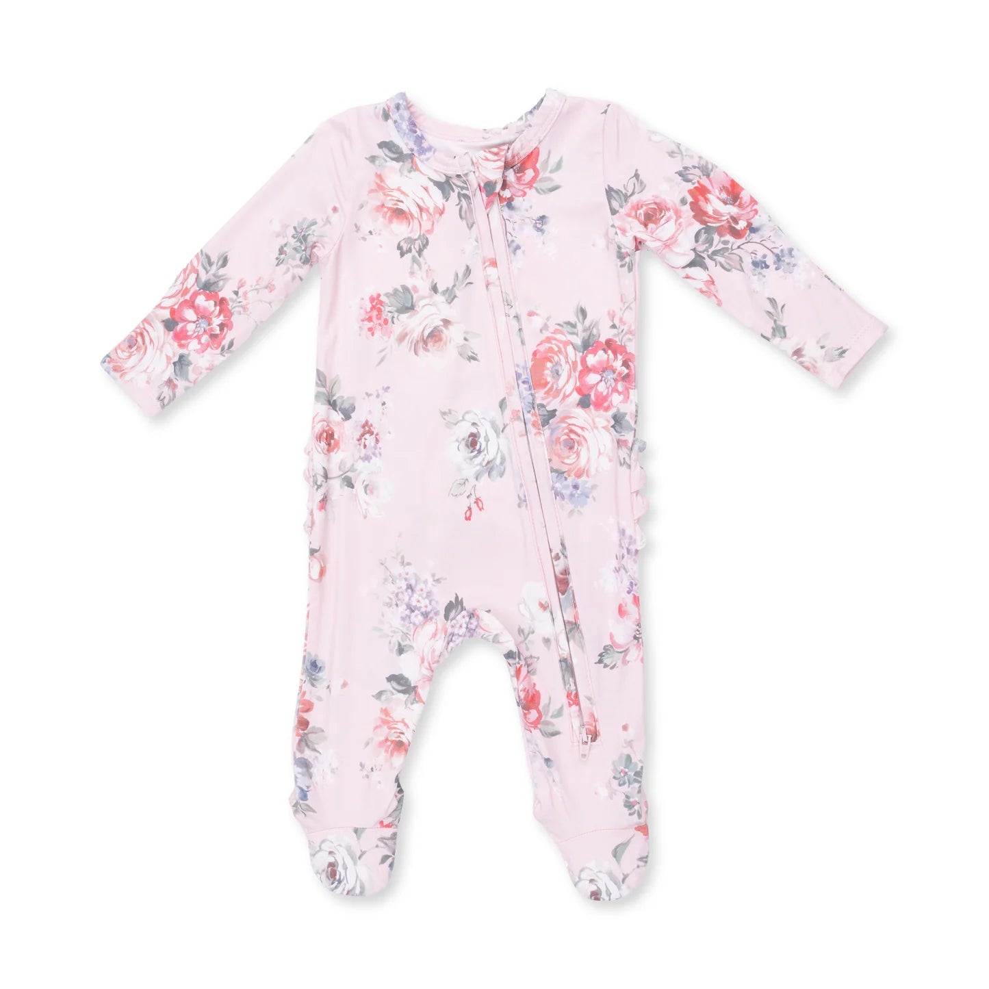 Painterly Rose Bouquets 2 Way Zipper Ruffle Back Footie - Doodlebug's Children's Boutique