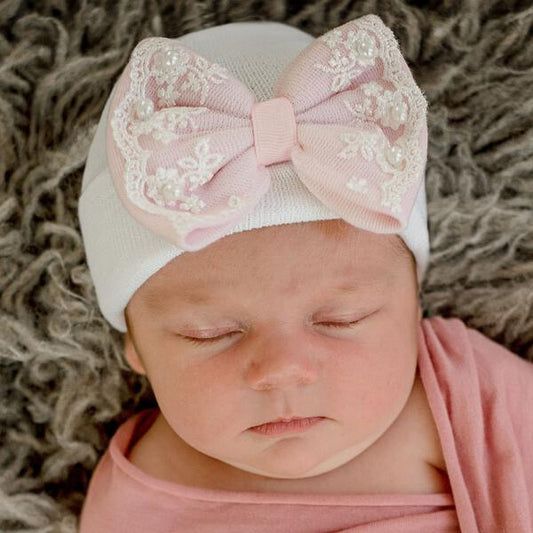 Pearl and Lace Bow Newborn Hospital Hat  - Doodlebug's Children's Boutique