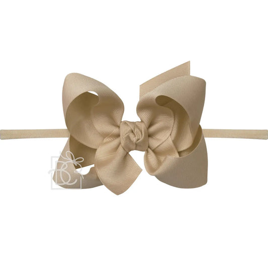 Nylon Headband with Large Bow in Oatmeal  - Doodlebug's Children's Boutique