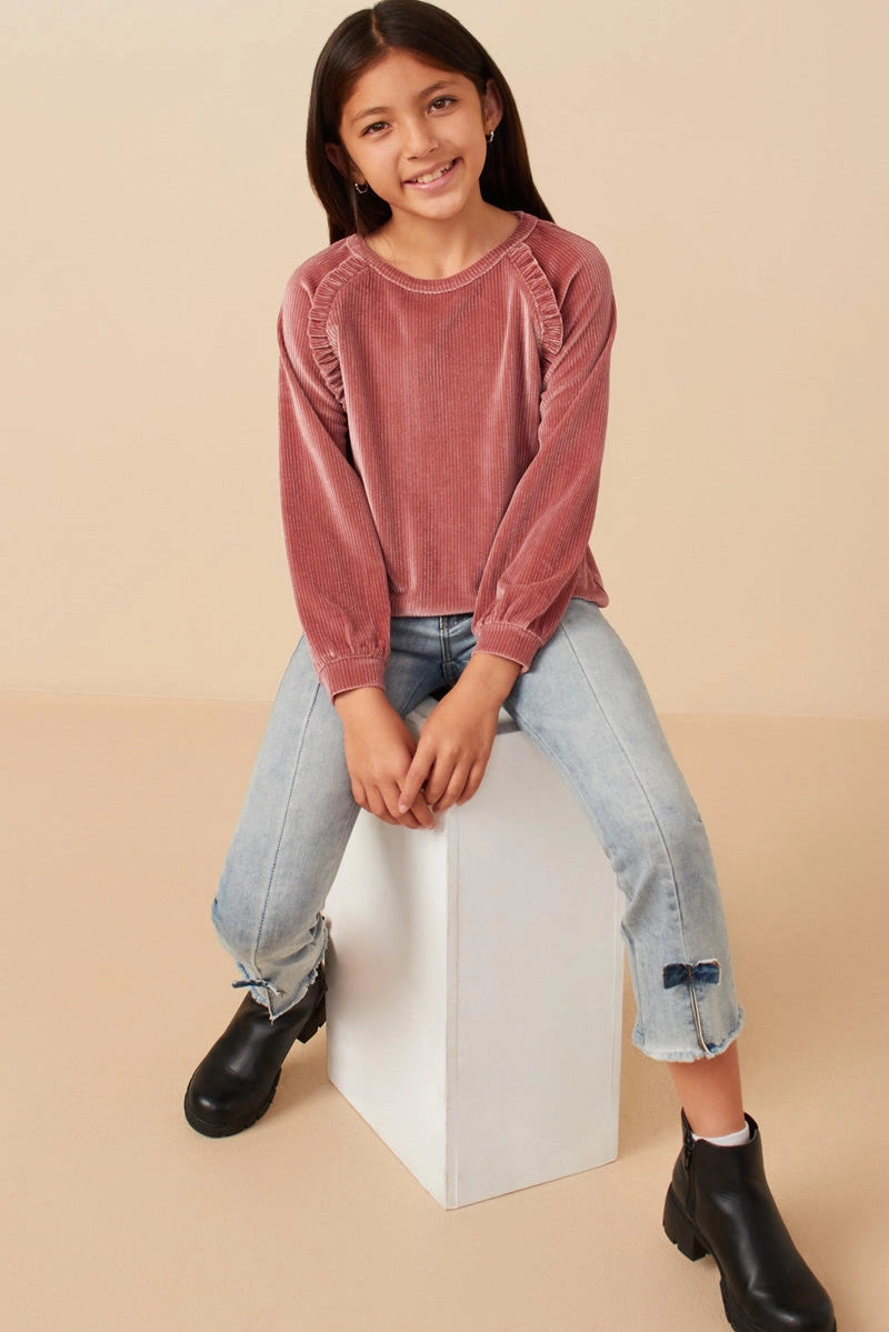 Mauve Ruffle Ribbed Velvet Top