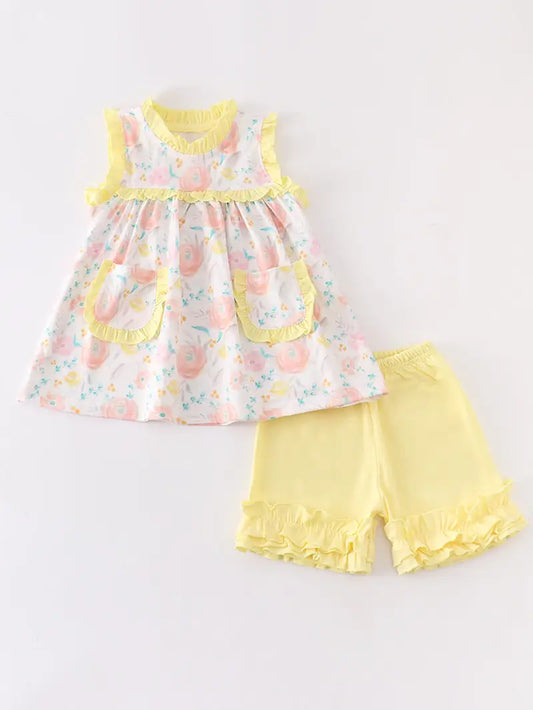 Yellow Floral Print Pocket Ruffle Girl Set  - Doodlebug's Children's Boutique