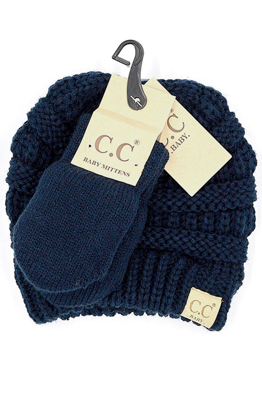 Navy Ribbed Baby Beanie and Mittens Set - Doodlebug's Children's Boutique