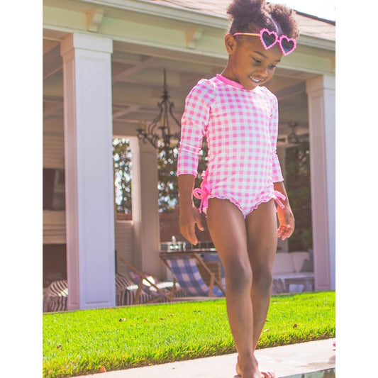 Ruffle Bottom Swimsuit in Pink Gingham  - Doodlebug's Children's Boutique