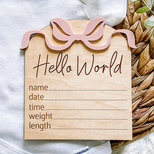 Rose Bow Hello World Wood Stat Plaque - Doodlebug's Children's Boutique