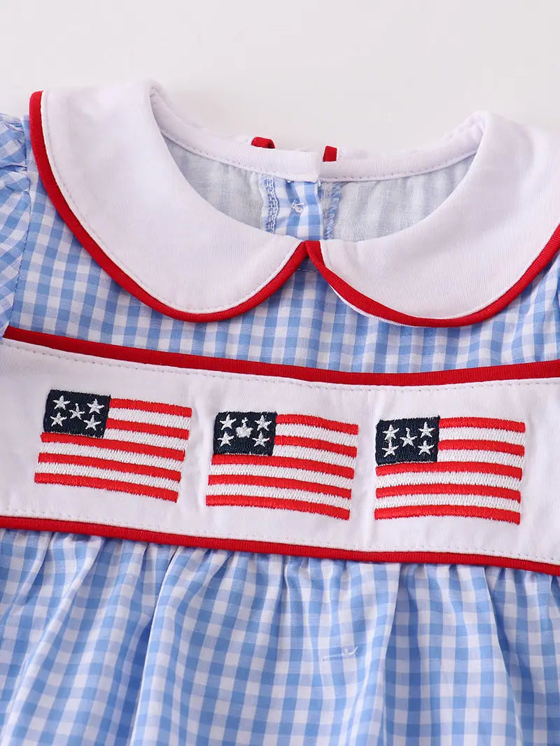 Flag Patriotic Embroidery Plaid Baby Girl Romper  - Doodlebug's Children's Boutique