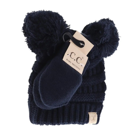 Navy Knit Double Pom Beanie and Mittens Set  - Doodlebug's Children's Boutique