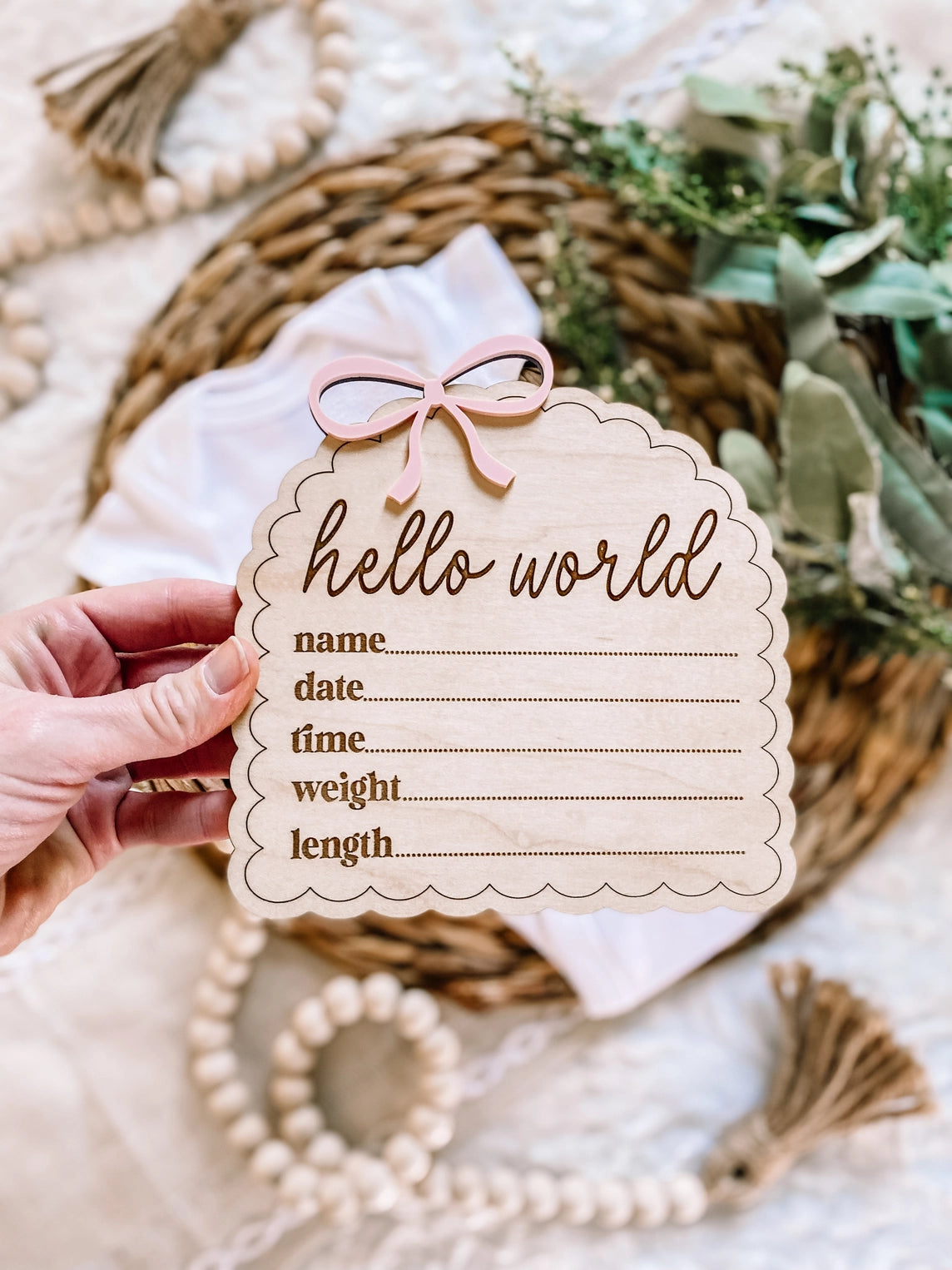 Blush Dainty Bow Hello World Wood Stat Plaque - Doodlebug's Children's Boutique