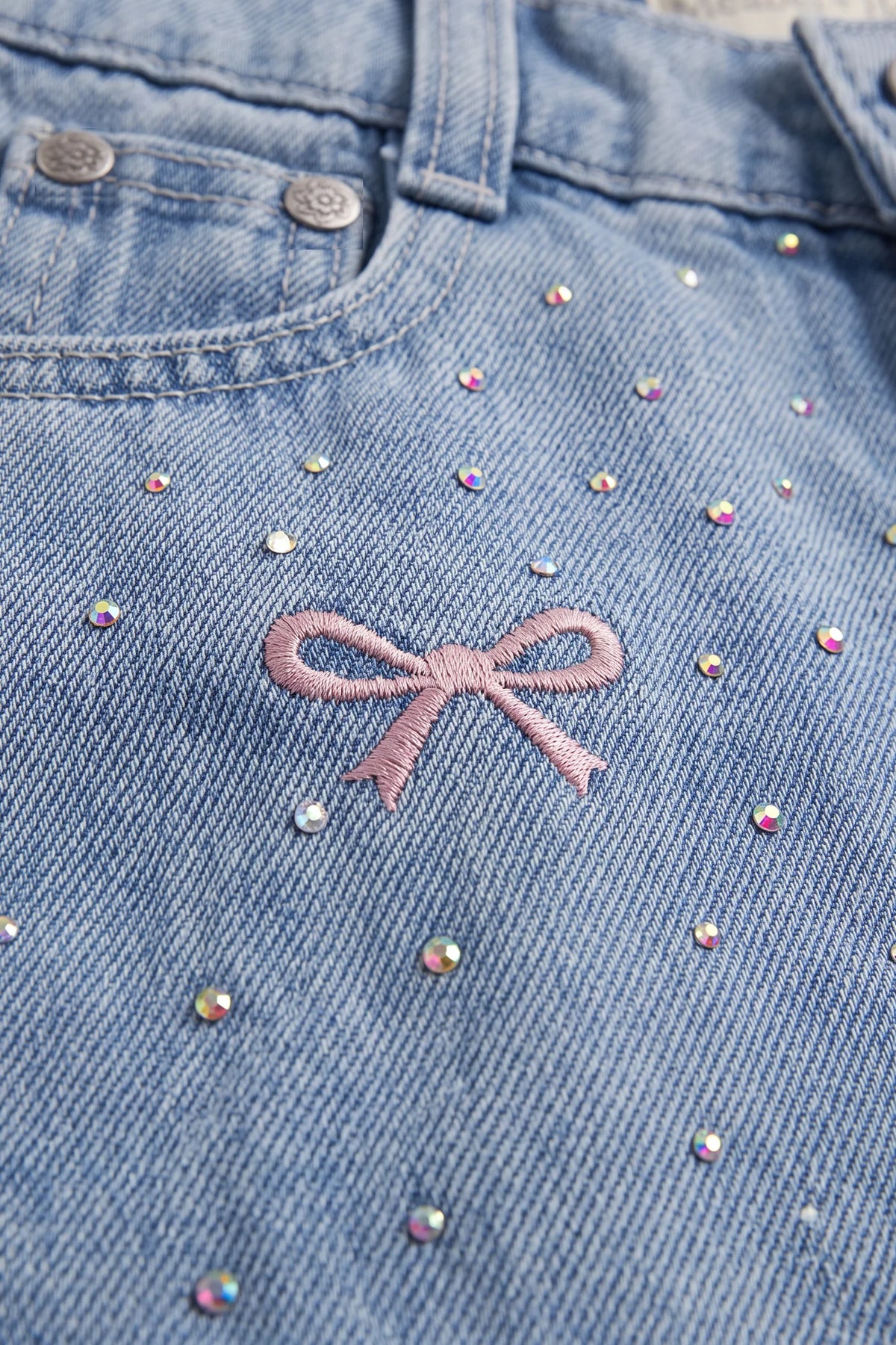 Bow Embroidered Rhinestone Wide Leg Jeans