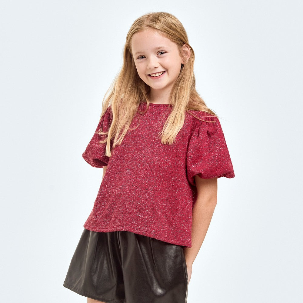 Red with Silver Lurex Balloon Sleeve Top - Doodlebug's Children's Boutique