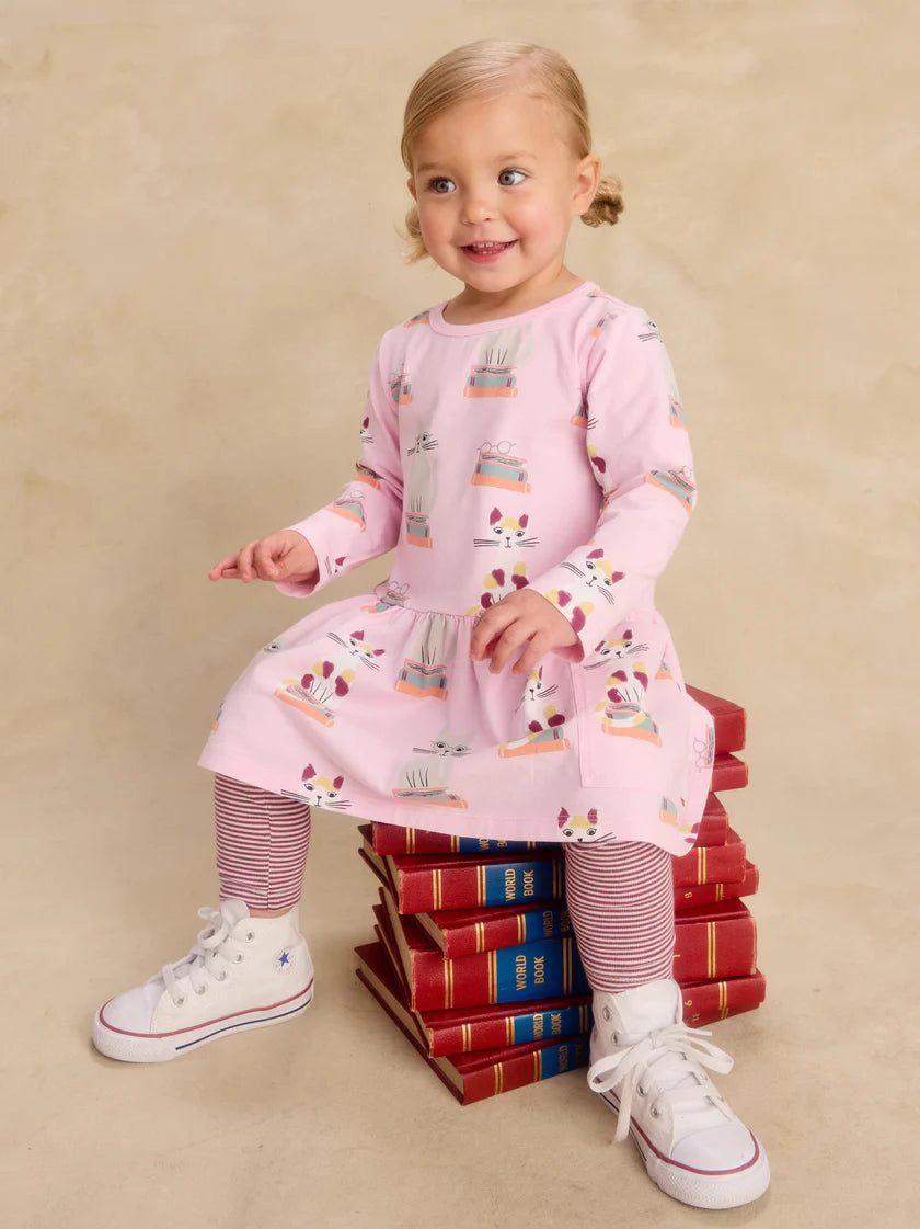 Long Sleeve Pocket Dress in Bookshop Cat