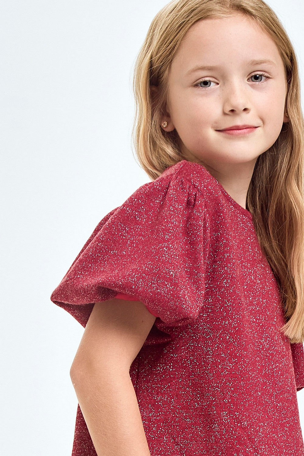 Red with Silver Lurex Balloon Sleeve Top - Doodlebug's Children's Boutique